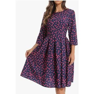Women's Dresses Round Neck Printed Seven-Point Sleeve Short Swing Midi Dress S
